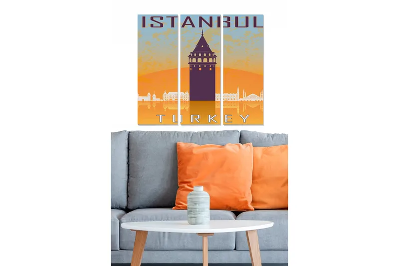 Trelerretsbilde i tre, 3 deler, 50x70 cm - Silhuett av Istanbul med Galatatårnet i fokus, Oransje / Lilla / Blå
