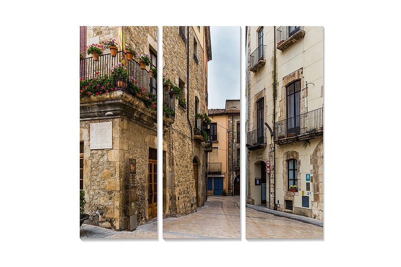 Trelerretsbilde i tre, 3 deler, 50x70 cm - Sjarmerende gate med historiske bygninger og blomsterprydede balkonger, Grå / Beige / Grønn