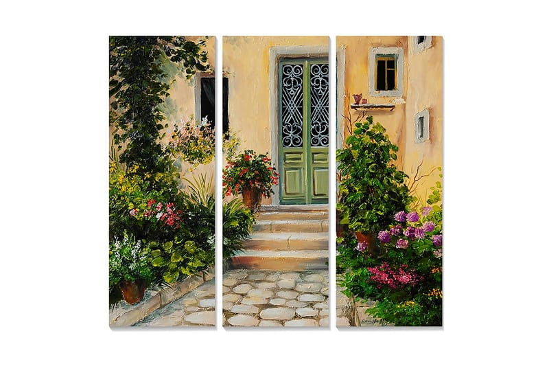 Trelerretsbilde i tre, 3 deler, 50x70 cm - Sjarmerende inngang med blomstrende hage, Grønn / Rosa / Gul