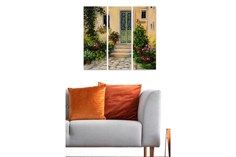 Trelerretsbilde i tre, 3 deler, 50x70 cm - Sjarmerende inngang med blomstrende hage - Grønn / Rosa / Gul - Innredning - Bilder & kunst - Lerretsbilder