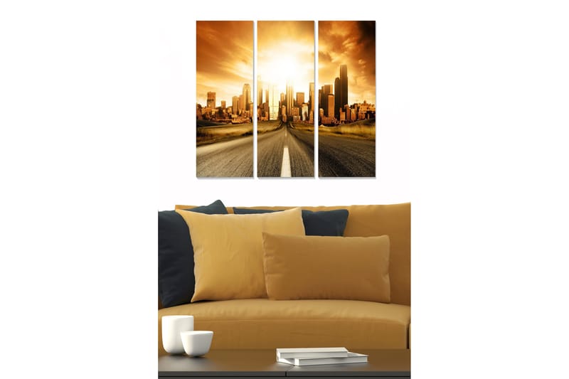 Trelerretsbilde i tre, 3 deler, 50x70 cm - Storslått utsikt over byen ved solnedgang, Gull / Brun / Svart