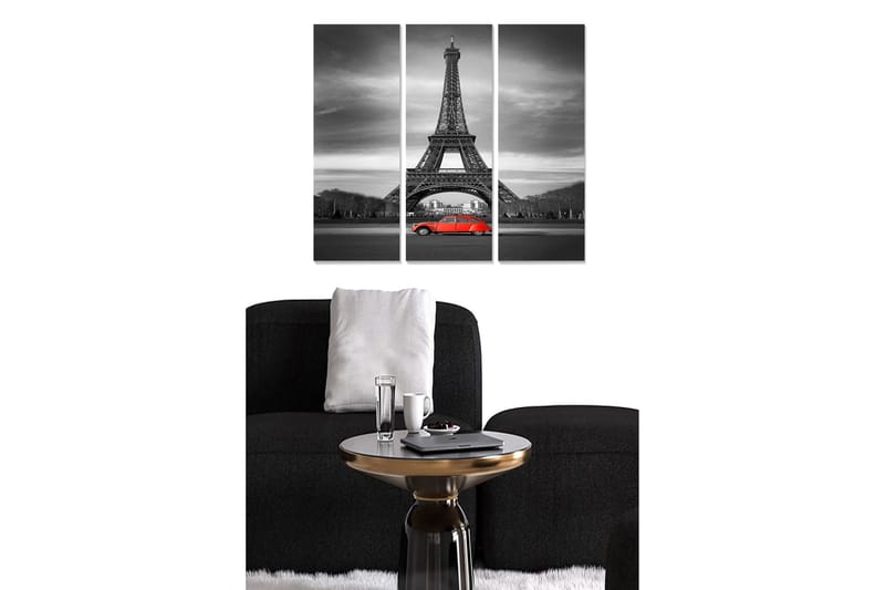 Trelerretsbilde i tre, 3 deler, 50x70 cm - Svart-hvitt-bilde av Eiffeltårnet med en rød bil i forgrunnen, Rød / Svart / Grå