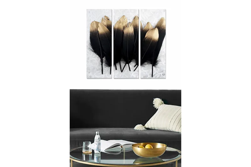 Trelerretsbilde i tre, 3 deler, 50x70 cm - Svarte og gullfargede fjær i en elegant komposisjon, Svart / Gull