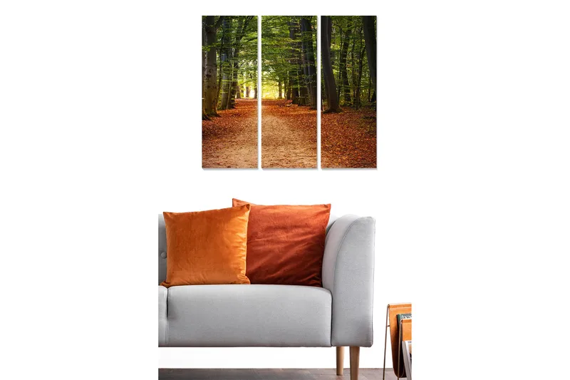 Trelerretsbilde i tre, 3 deler, 50x70 cm - Vakker skogsti omgitt av grønne trær og høstløv - Grønn / Oransje / Brun - Innredning - Bilder & kunst - Lerretsbilder