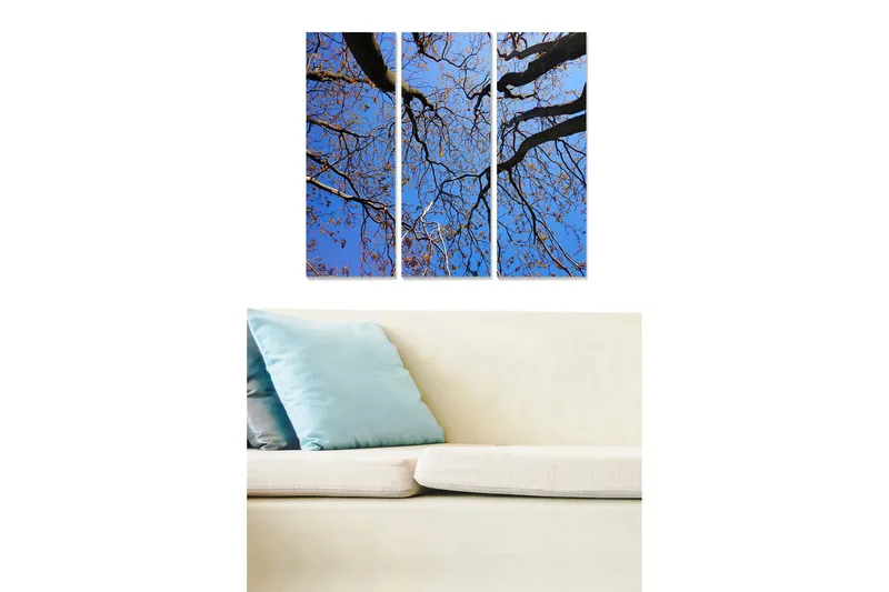 Trelerretsbilde i tre, 3 deler, 50x70 cm - Vakker utsikt over tretoppene mot en klar blå himmel, Blå / Brun / Gull