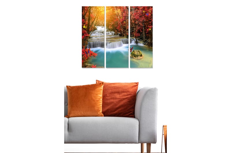 Trelerretsbilde i tre, 3 deler, 50x70 cm - Vakkert fossefall omgitt av høstfargede trær og sommerfugler - Rød / Blå / Turkis - Innredning - Bilder & kunst - Lerretsbilder