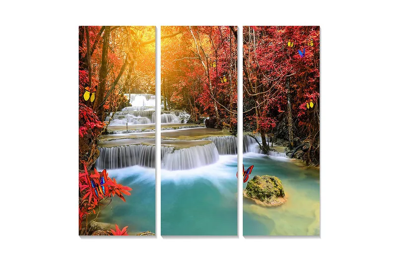 Trelerretsbilde i tre, 3 deler, 50x70 cm - Vakkert fossefall omgitt av høstfargede trær og sommerfugler, Rød / Blå / Turkis