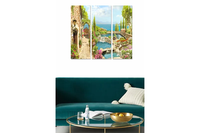 Trelerretsbilde i tre, 3 deler, 50x70 cm - Vakkert landskap med en rolig vannkilde og blomstrende omgivelser, Grønn / Blå / Rosa