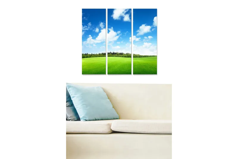 Trelerretsbilde i tre, 3 deler, 50x70 cm - Vakkert landskap med grønn eng og blå himmel, Grønn / Blå