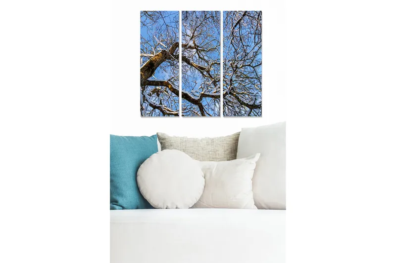 Trelerretsbilde i tre, 3 deler, 50x70 cm - Vinterlandskap med snødekte tregrener mot en klar blå himmel, Blå / Hvit / Brun