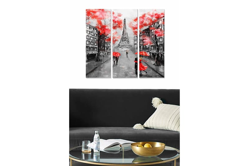 Trelerretsbilde i tre, 3 deler, 50x70 cm - Parisisk gatescene med Eiffeltårnet og paraplyer i regnet, Rød / Svart / Grå