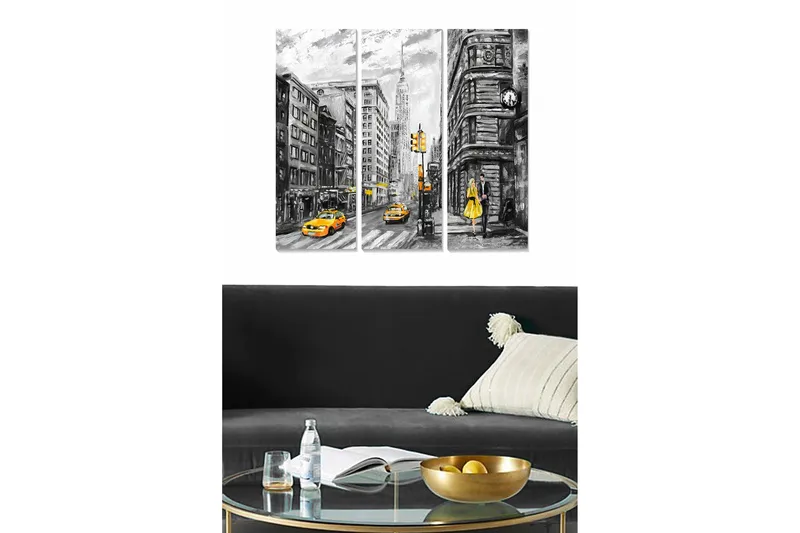 Trelerretsbilde i tre, 3-delt, 50x70 cm - Bymotiv med gule drosjer og en kvinne i gul kjole, Gul / Svart / Grå