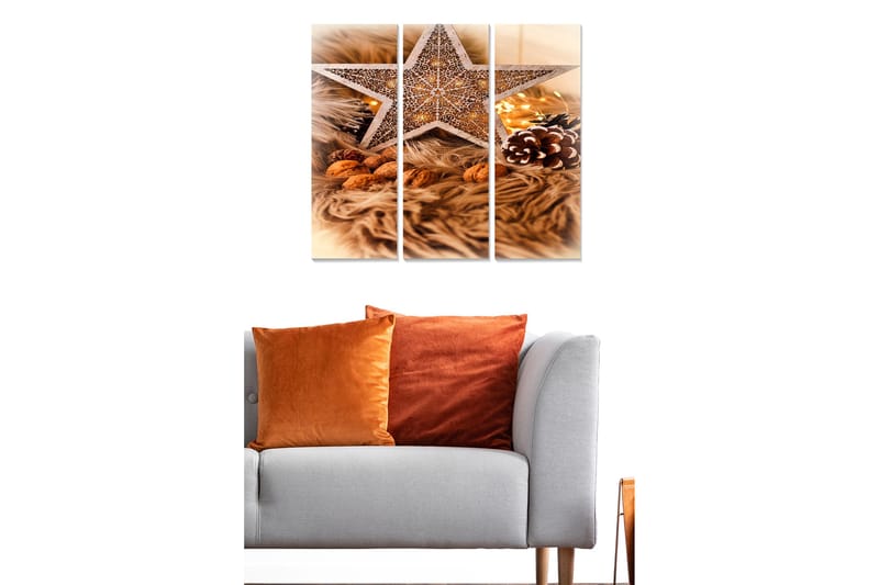 Trelerretsbilde i tre, 3-delt, 50x70 cm - Dekorativ stjerne med julestemning omgitt av nøtter og grangrener - Beige / Brun / Gull - Innredning - Bilder & kunst - Lerretsbilder