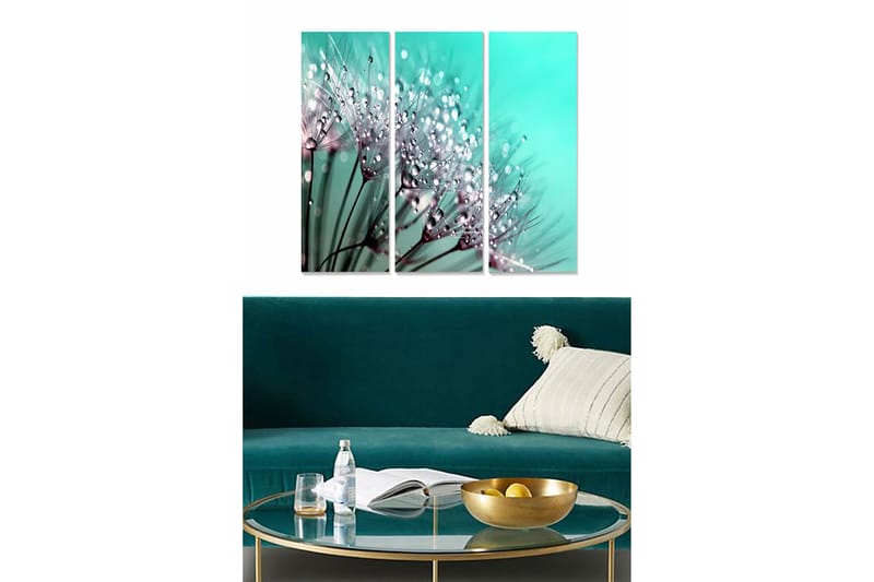 Trelerretsbilde i tre, 3-delt, 50x70 cm - Delikat blomsterkomposisjon med vanndråper, Turkis / Hvit / Rosa