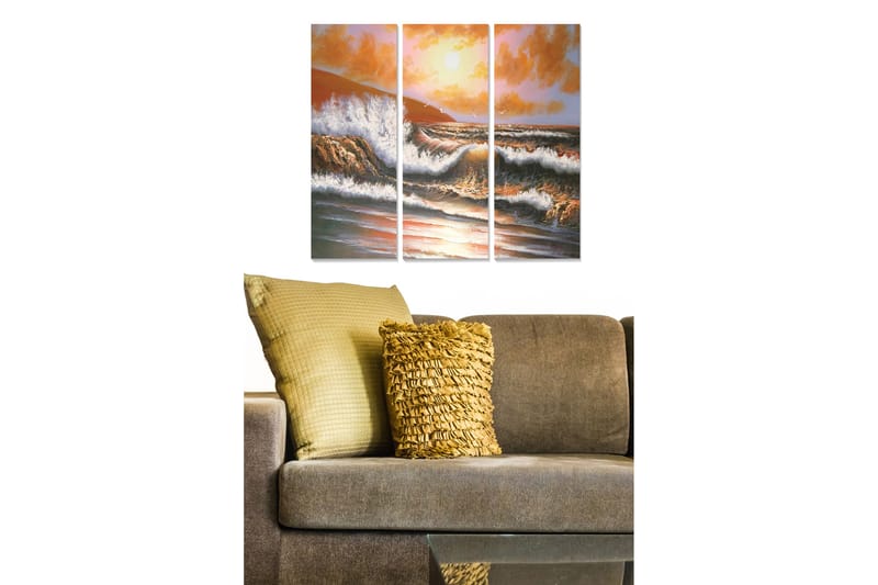Trelerretsbilde i tre, 3-delt, 50x70 cm - Dramatiske havbølger under en solnedgang, Oransje / Blå / Hvit