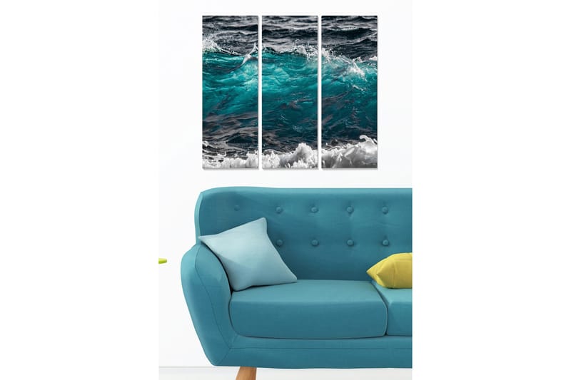 Trelerretsbilde i tre, 3-delt, 50x70 cm - Dynamiske bølger i turkis og svart, Turkis / Svart