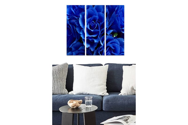 Trelerretsbilde i tre, 3-delt, 50x70 cm - Dypblå roser i en harmonisk komposisjon, Dypblå / Svart / Grønn