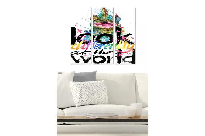 Trelerretsbilde i tre, 3-delt, 50x70 cm - Fargerik kameleon med inspirerende tekst, Grønn / Rosa / Svart