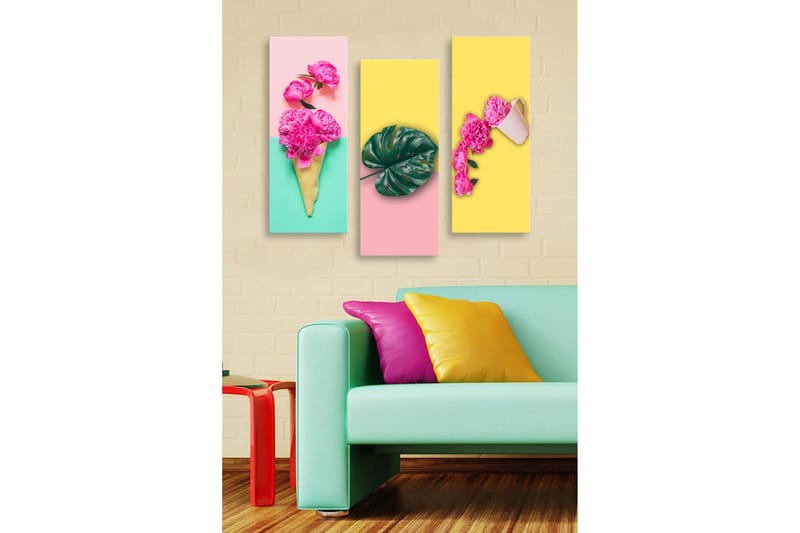 Trelerretsbilde i tre, 3-delt, 50x70 cm - Fargerik komposisjon med blomster og blader i en glasskjegle som strekker seg over tre paneler - Rosa / Grønn / Gul - Innredning - Bilder & kunst - Lerretsbilder