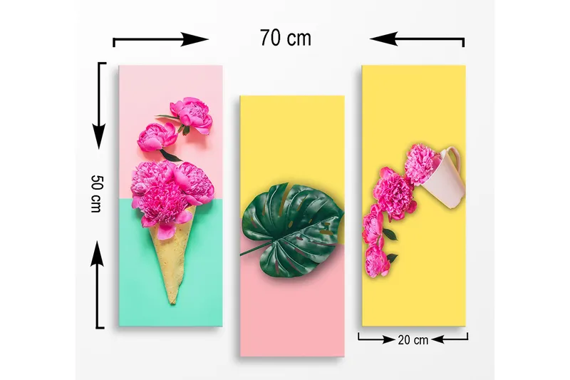 Trelerretsbilde i tre, 3-delt, 50x70 cm - Fargerik komposisjon med blomster og blader i en glasskjegle som strekker seg over tre paneler - Rosa / Grønn / Gul - Innredning - Bilder & kunst - Lerretsbilder