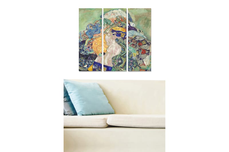 Trelerretsbilde i tre, 3-delt, 50x70 cm - Fargerik komposisjon med en naken kvinne omgitt av mønstrede elementer, Grønn / Blå / Oransje