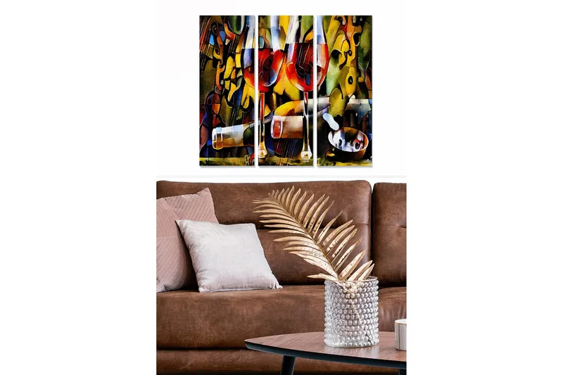 Trelerretsbilde i tre, 3-delt, 50x70 cm - Fargerik komposisjon med vin og musikalske elementer, Rød / Gul / Grønn