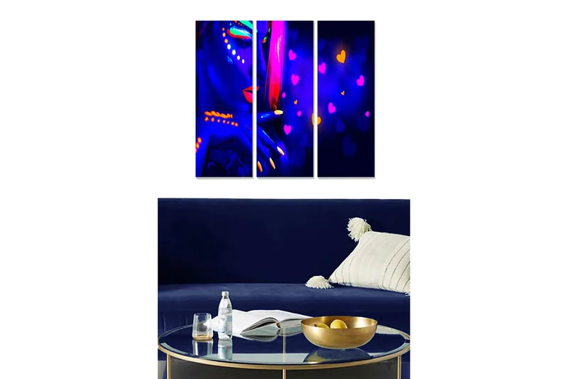 Trelerretsbilde i tre, 3-delt, 50x70 cm - Fargerik portrett av en kvinne med neonsminke - Mørk blå / Rosa / Gul - Innredning - Bilder & kunst - Lerretsbilder