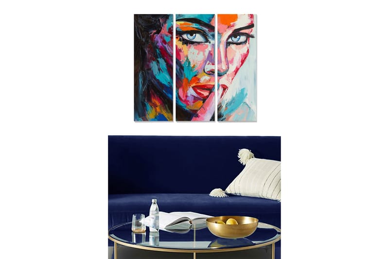 Trelerretsbilde i tre, 3-delt, 50x70 cm - Fargerik portrett av en kvinne med et uttrykksfullt blikk, Blå / Rød / Oransje