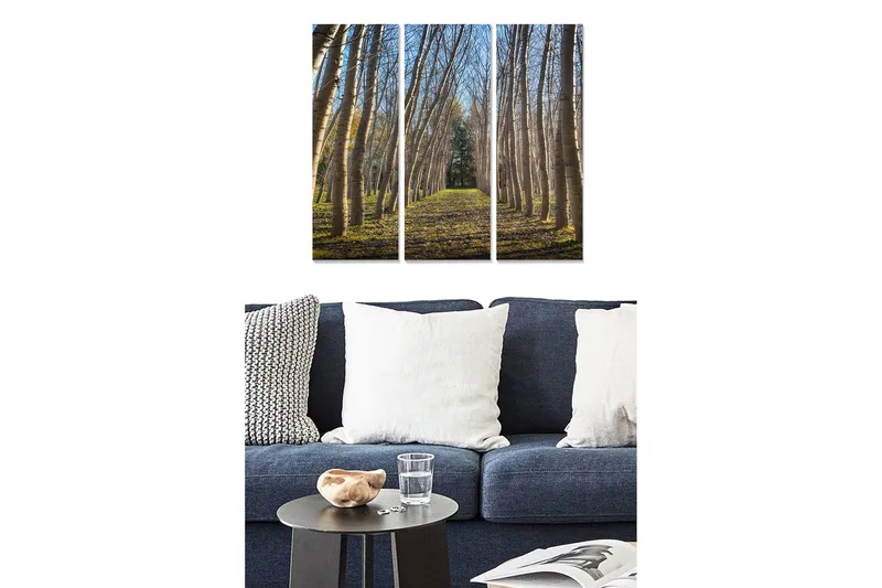 Trelerretsbilde i tre, 3-delt, 50x70 cm - Frodig allé med høye trær som strekker seg mot en lys himmel - Grønn / Brun / Blå - Innredning - Bilder & kunst - Lerretsbilder