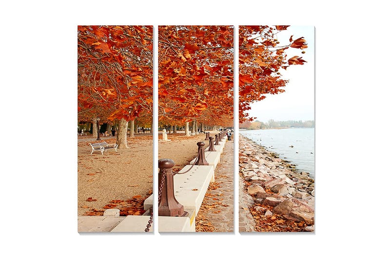 Trelerretsbilde i tre, 3-delt, 50x70 cm - Høstlandskap med gylne løvtrær langs en promenade ved vannet, Oransje / Brun / Beige