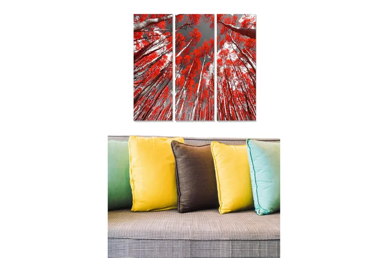 Trelerretsbilde i tre, 3-delt, 50x70 cm - Høye trær med brennende røde blader mot en grå himmel, Rød / Grå