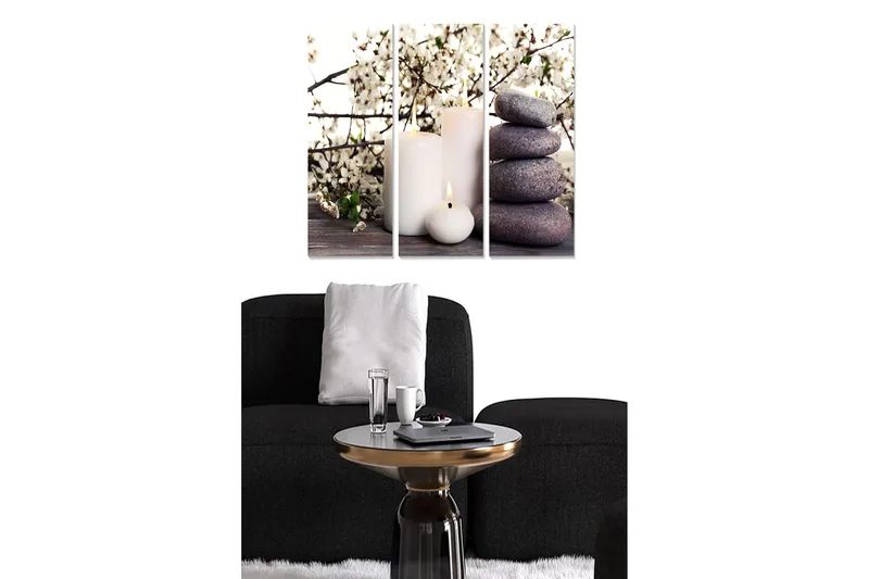 Trelerretsbilde i tre, 3-delt, 50x70 cm - Harmonisk komposisjon av blomster, lys og steiner, Hvit / Grå / Mørk lilla