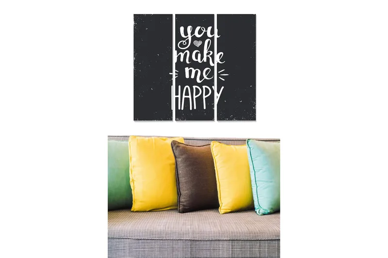 Trelerretsbilde i tre, 3-delt, 50x70 cm - Inspirerende tekst med budskapet you make me happy, Svart / Hvit