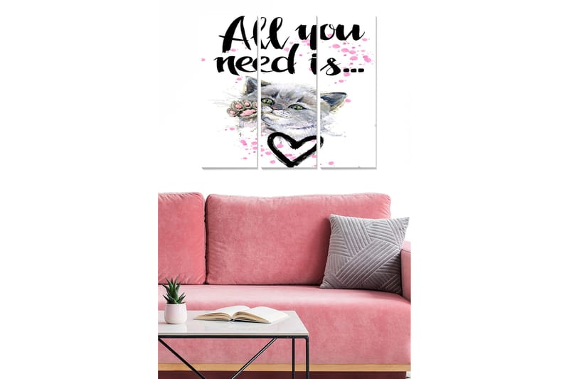 Trelerretsbilde i tre, 3-delt, 50x70 cm - Katteportrett med kjærlig tekst og hjerte - Grå / Rosa / Svart - Innredning - Bilder & kunst - Lerretsbilder