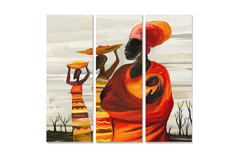 Trelerretsbilde i tre, 3-delt, 50x70 cm - Kvinner som bærer frukt på hodet i en fargerik og kulturell komposisjon, Oransje / Gul / Rød