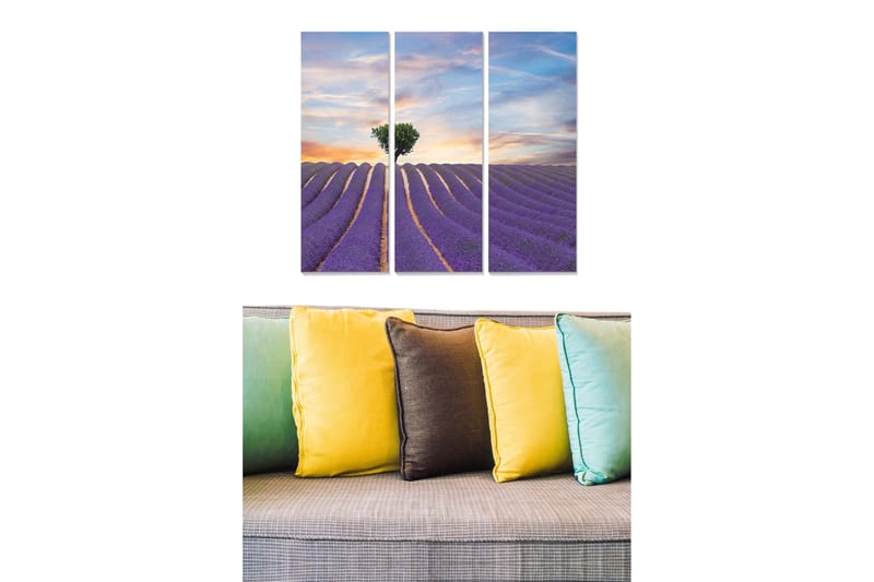 Trelerretsbilde i tre, 3-delt, 50x70 cm - Lavendelfelt under en solnedgang med en ensom tresilhuett, Lilla / Grønn / Oransje