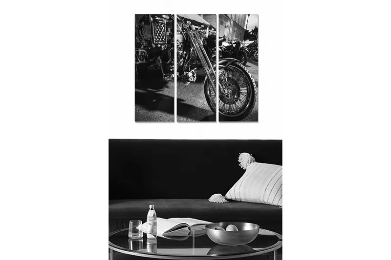 Trelerretsbilde i tre, 3-delt, 50x70 cm - Motorsykkel i svart-hvitt med detaljert felg og dekk, Svart / Hvit / Grå