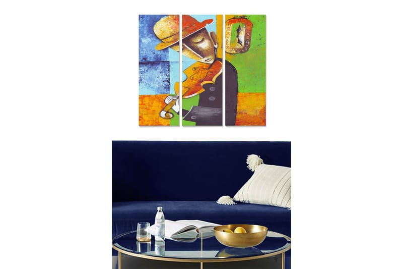 Trelerretsbilde i tre, 3-delt, 50x70 cm - Musiker som spiller fiolin med en fargerik bakgrunn, Blå / Oransje / Grønn