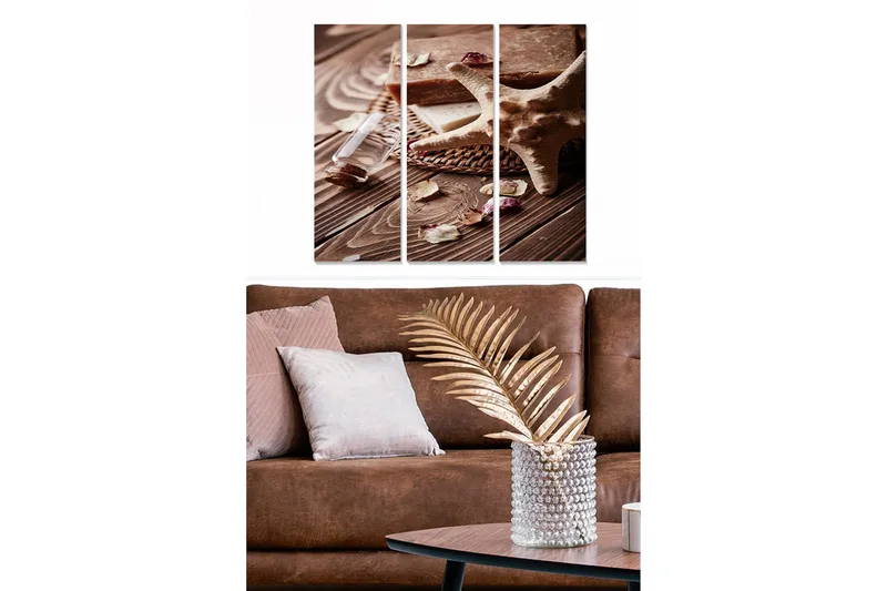 Trelerretsbilde i tre, 3-delt, 50x70 cm - Naturlig ro med sjømat og duftende urter, Beige / Brun / Hvit