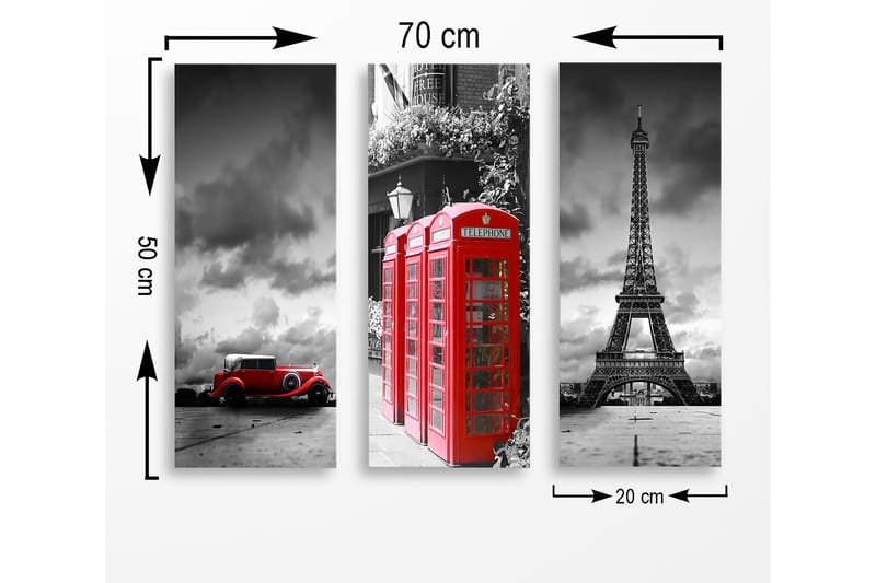 Trelerretsbilde i tre, 3-delt, 50x70 cm - Rød telefonkiosk med ikoniske landemerker i bakgrunnen - Rød / Svart / Grå - Innredning - Bilder & kunst - Lerretsbilder