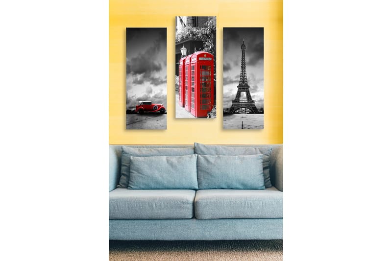 Trelerretsbilde i tre, 3-delt, 50x70 cm - Rød telefonkiosk med ikoniske landemerker i bakgrunnen, Rød / Svart / Grå