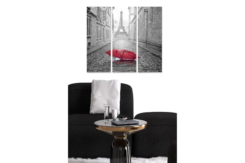 Trelerretsbilde i tre, 3-delt, 50x70 cm - Rød paraply på en regnfull gate med Eiffeltårnet i bakgrunnen, Rød / Grå