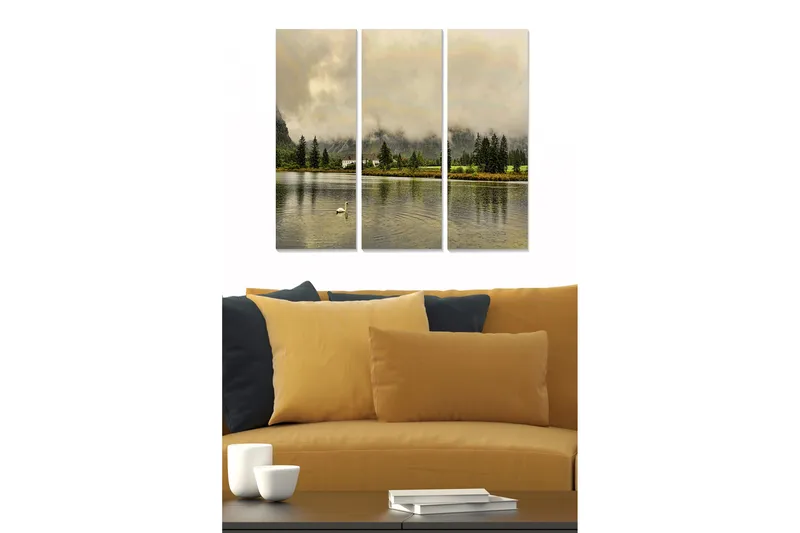 Trelerretsbilde i tre, 3-delt, 50x70 cm - Ro ved innsjøen med reflekterende vannflater og trær rundt, Grønn / Beige / Grå