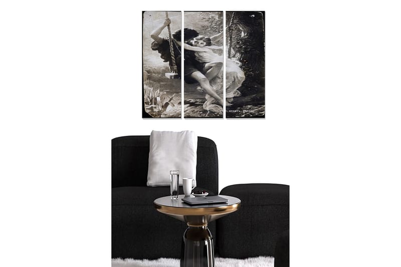 Trelerretsbilde i tre, 3-delt, 50x70 cm - Romantisk scene med to personer som svinger sammen i frodige omgivelser, Svart / Hvit / Grå