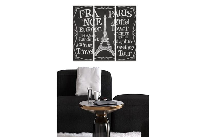 Trelerretsbilde i tre, 3-delt, 50x70 cm - Silhuett av Eiffeltårnet med tekst som hyller Frankrike og reiser, Svart / Hvit