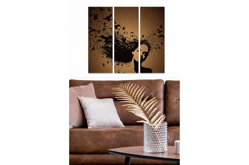 Trelerretsbilde i tre, 3-delt, 50x70 cm - Silhuett av en kvinne med fugler som svever rundt i håret, Svart / Brun