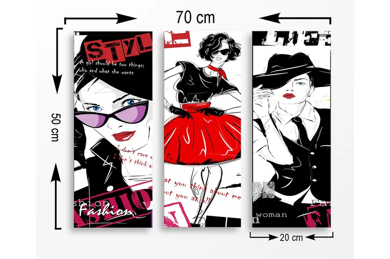 Trelerretsbilde i tre, 3-delt, 50x70 cm - Stilige kvinner i mote med fargerike detaljer - Rød / Svart / Hvit - Innredning - Bilder & kunst - Lerretsbilder
