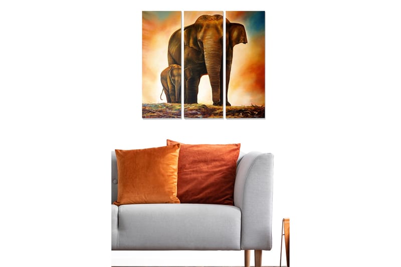 Trelerretsbilde i tre, 3-delt, 50x70 cm - Storslått elefant med kalv i et varmt og dramatisk miljø - Brun / Oransje / Beige - Innredning - Bilder & kunst - Lerretsbilder
