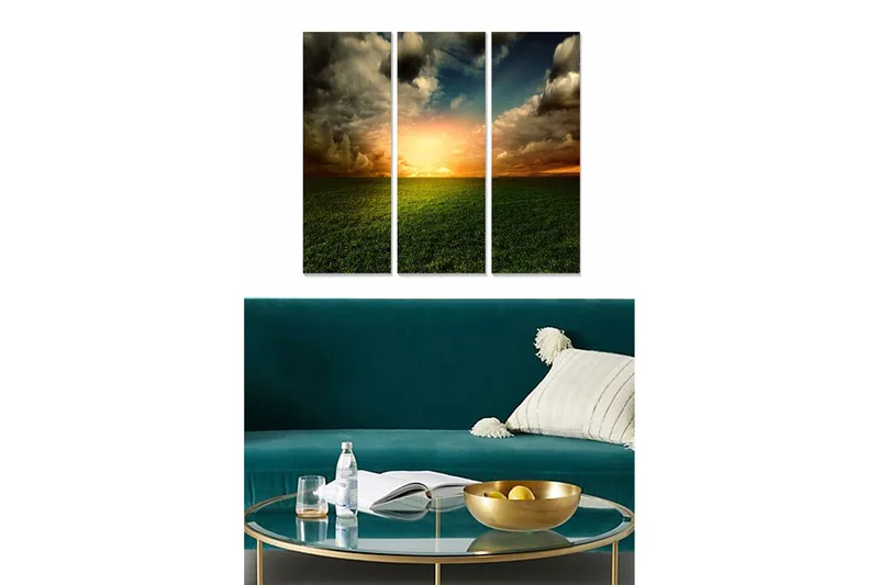 Trelerretsbilde i tre, 3-delt, 50x70 cm - Storslått solnedgang over et åpent landskap, Grønn / Oransje / Blå