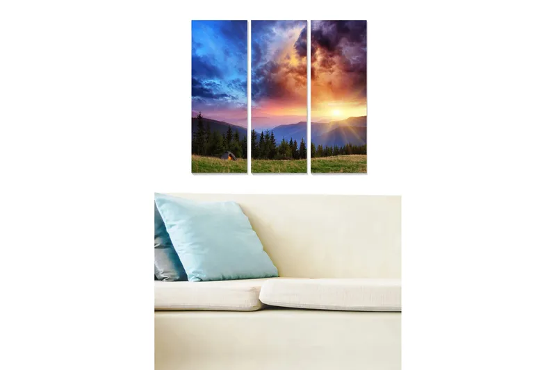 Trelerretsbilde i tre, 3-delt, 50x70 cm - Storslått solnedgang over fjellandskap, Blå / Oransje / Grønn